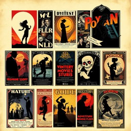 A collection of vintage movie posters from the 1920s and 1930s, showcasing iconic films of that era