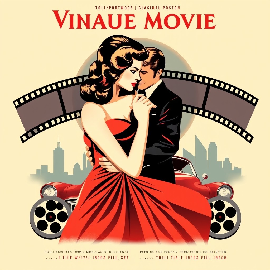A vintage movie poster design reminiscent of the 1940s and 1950s, featuring bold typography, dynamic compositions, and classic Hollywood elements