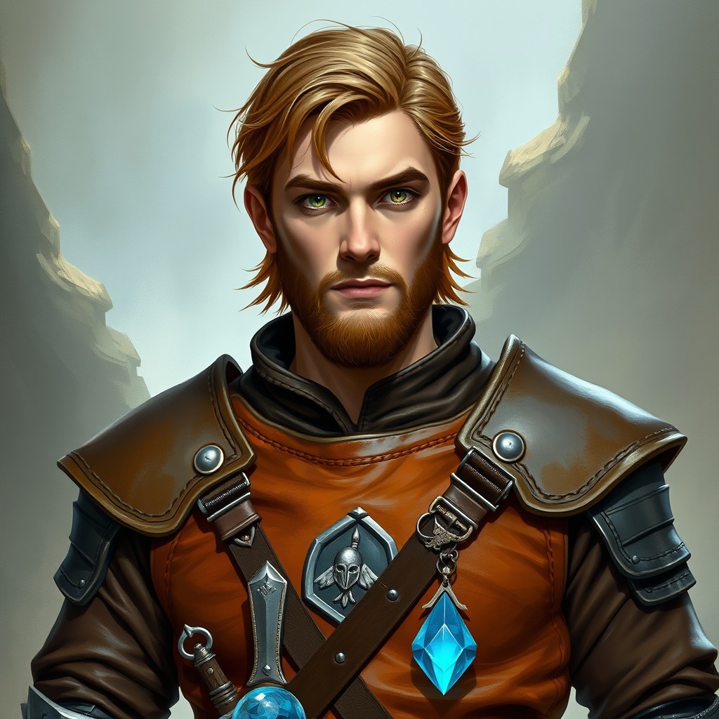 A full body portrait of Val Keildar, a 23-year-old human arcane knight