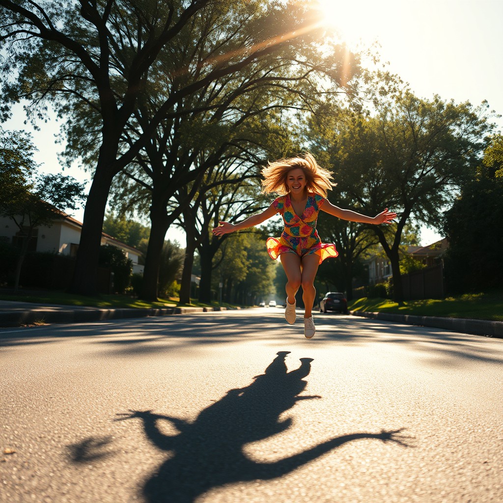 A surreal scene depicting a person joyfully chasing their own shadow on a sunlit street