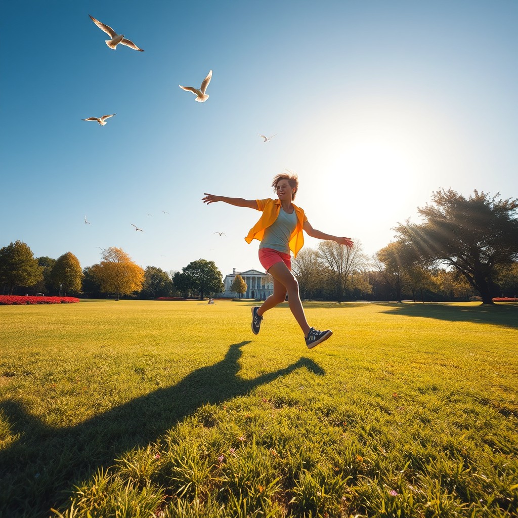 An imaginative scene of a person energetically chasing their own shadow in an open park