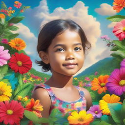 A child in paradise, surrounded by lush greenery and colorful, vibrant flowers under a bright, comforting sky.