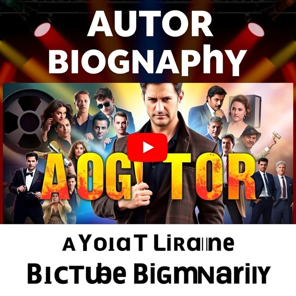 A vibrant and engaging YouTube thumbnail designed for an actor's biography, featuring a collage of the actor's most iconic roles