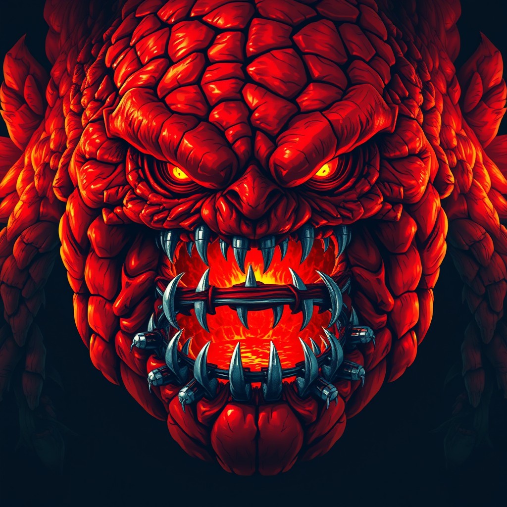 A massive, hulking creature with vibrant red-hot skin, intricately covered in cracks from which a glowing crimson light oozes ominously
