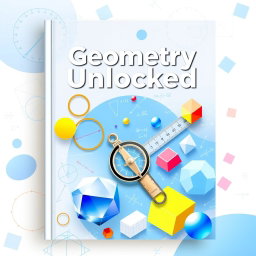 A visually engaging geometry textbook cover featuring intricate geometric shapes like circles, triangles, polygons, and 3D objects like cubes and spheres