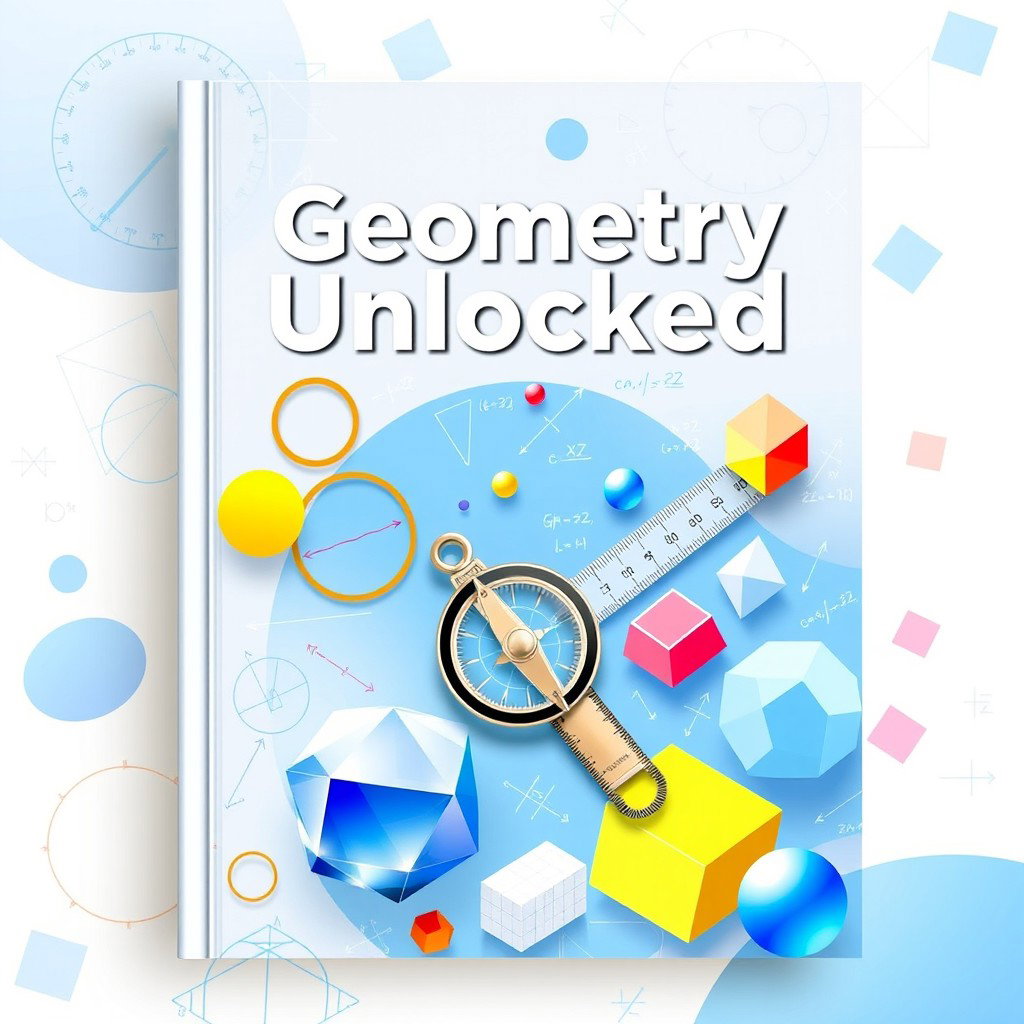 A visually engaging geometry textbook cover featuring intricate geometric shapes like circles, triangles, polygons, and 3D objects like cubes and spheres