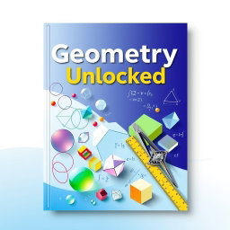 A visually engaging geometry textbook cover featuring intricate geometric shapes like circles, triangles, polygons, and 3D objects like cubes and spheres