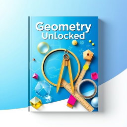 A visually engaging geometry textbook cover featuring intricate geometric shapes like circles, triangles, polygons, and 3D objects like cubes and spheres