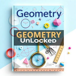 A visually engaging geometry textbook cover featuring intricate geometric shapes like circles, triangles, polygons, and 3D objects like cubes and spheres