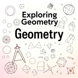 A captivating geometry textbook cover showcasing a variety of geometric drawings including intricate line art of circles, triangles, squares, and more complex shapes like hexagons and 3D figures