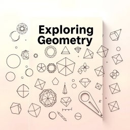 A captivating geometry textbook cover showcasing a variety of geometric drawings including intricate line art of circles, triangles, squares, and more complex shapes like hexagons and 3D figures