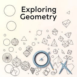 A captivating geometry textbook cover showcasing a variety of geometric drawings including intricate line art of circles, triangles, squares, and more complex shapes like hexagons and 3D figures
