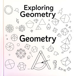 A captivating geometry textbook cover showcasing a variety of geometric drawings including intricate line art of circles, triangles, squares, and more complex shapes like hexagons and 3D figures