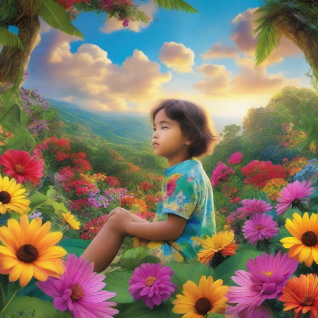 A child in paradise, surrounded by lush greenery and colorful, vibrant flowers under a bright, comforting sky.