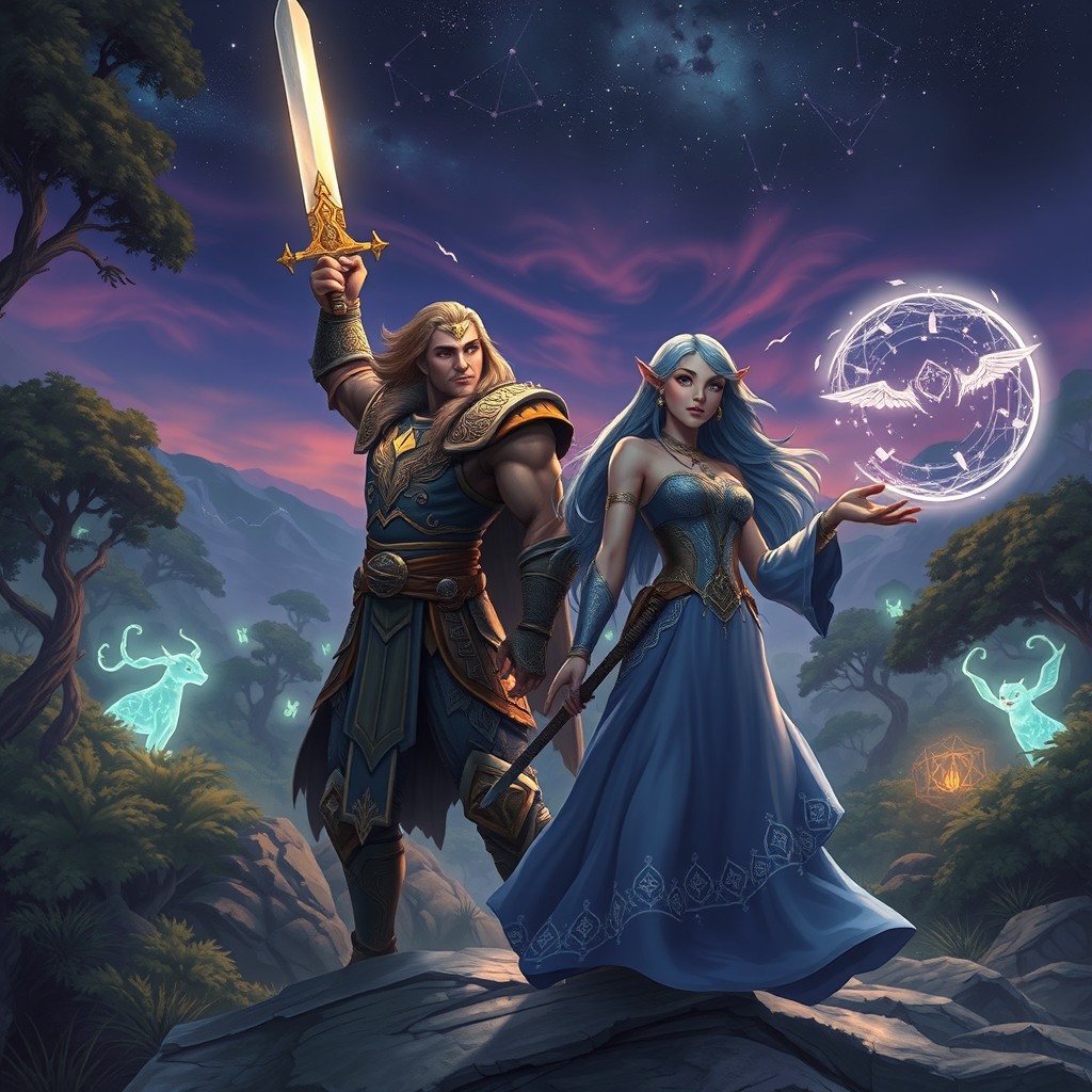 An epic adventure scene depicting Luga and Yaliska, two heroic figures in an ancient, mythical landscape