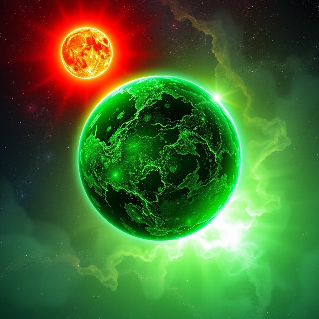 A stunning book cover design featuring a vibrant planet made of shimmering green emerald, elegantly rotating between two suns: one a brilliant red and the other a luminous green