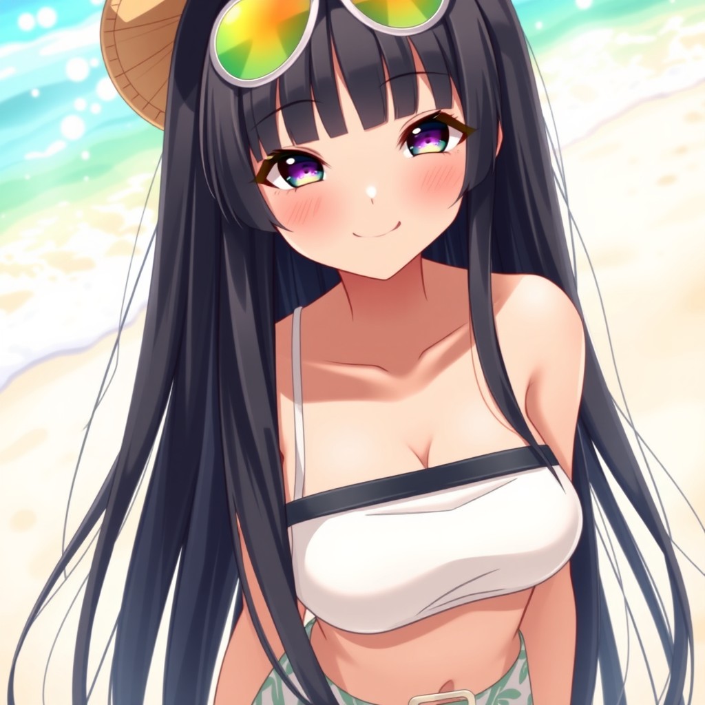 A low-height female character with very long, straight black hair and bangs covering her forehead