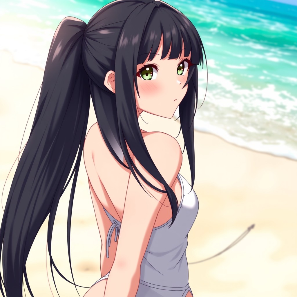 A low-height female character with very long, straight black hair and bangs covering her forehead, depicted from behind