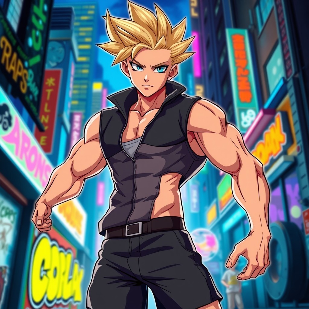 A muscular anime teen with dynamic, spiky hair, standing confidently in a vibrant urban setting