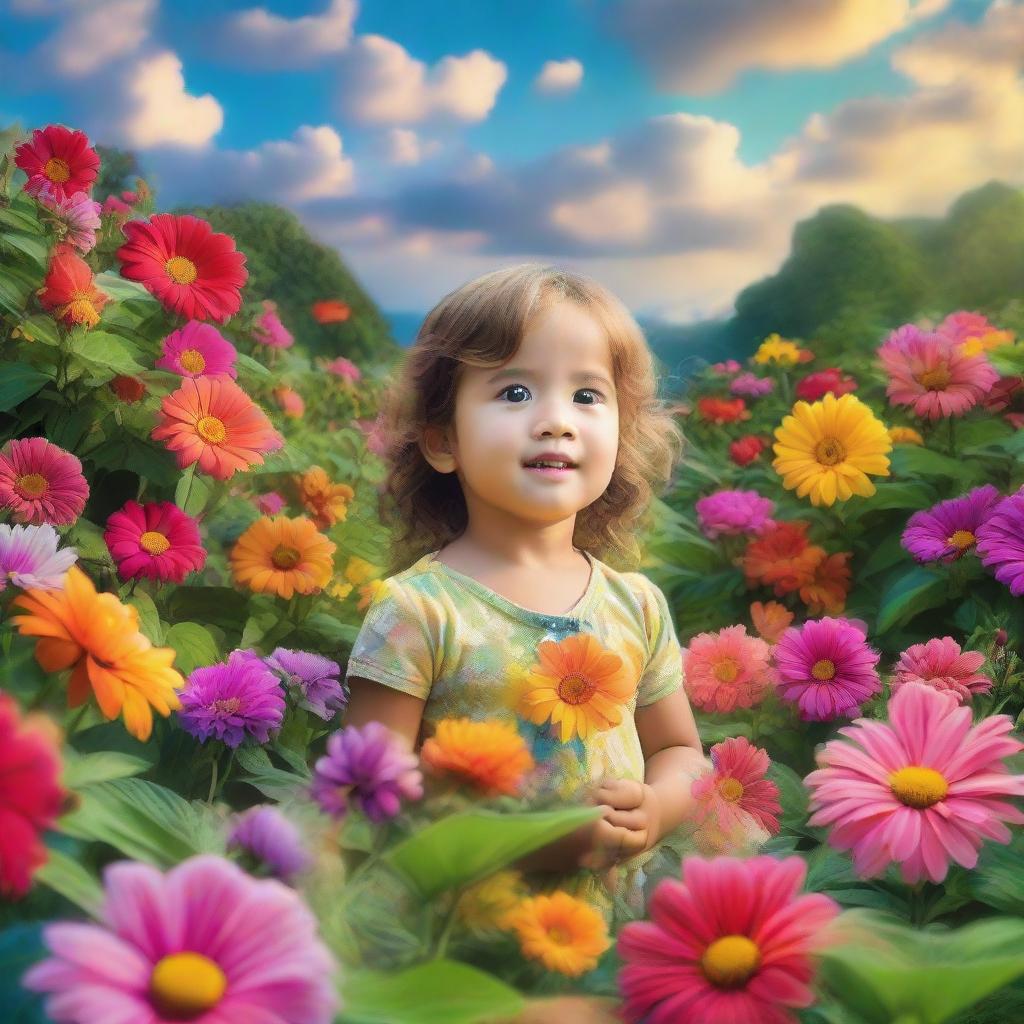 A child in paradise, surrounded by lush greenery and colorful, vibrant flowers under a bright, comforting sky.