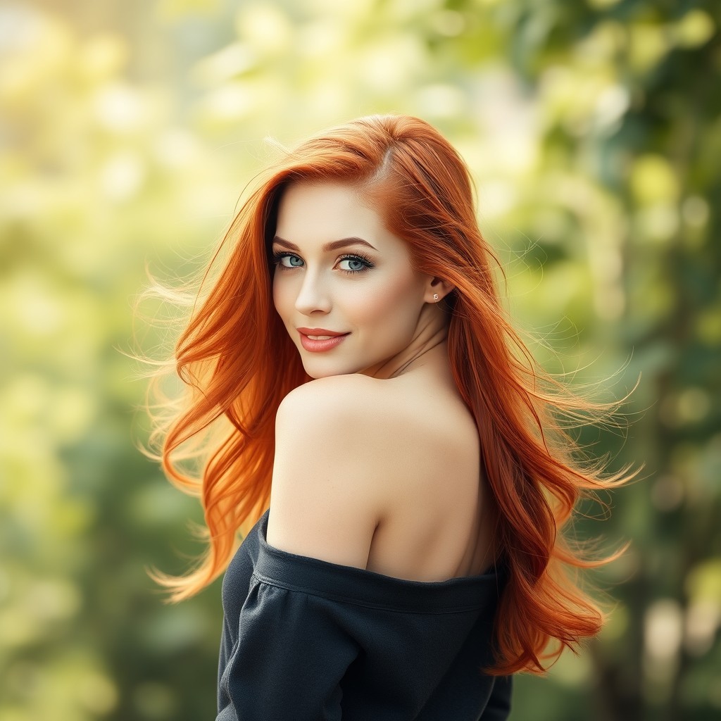 A striking redhead with vibrant fiery hair looking back over her shoulder at the camera, exuding confidence and charm