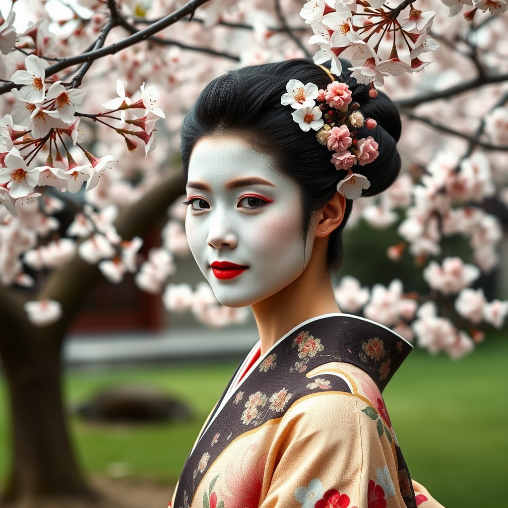 A young Japanese woman in her early 20s, resembling the famous maiko Yuki, adorned in a traditional kimono decorated with floral patterns