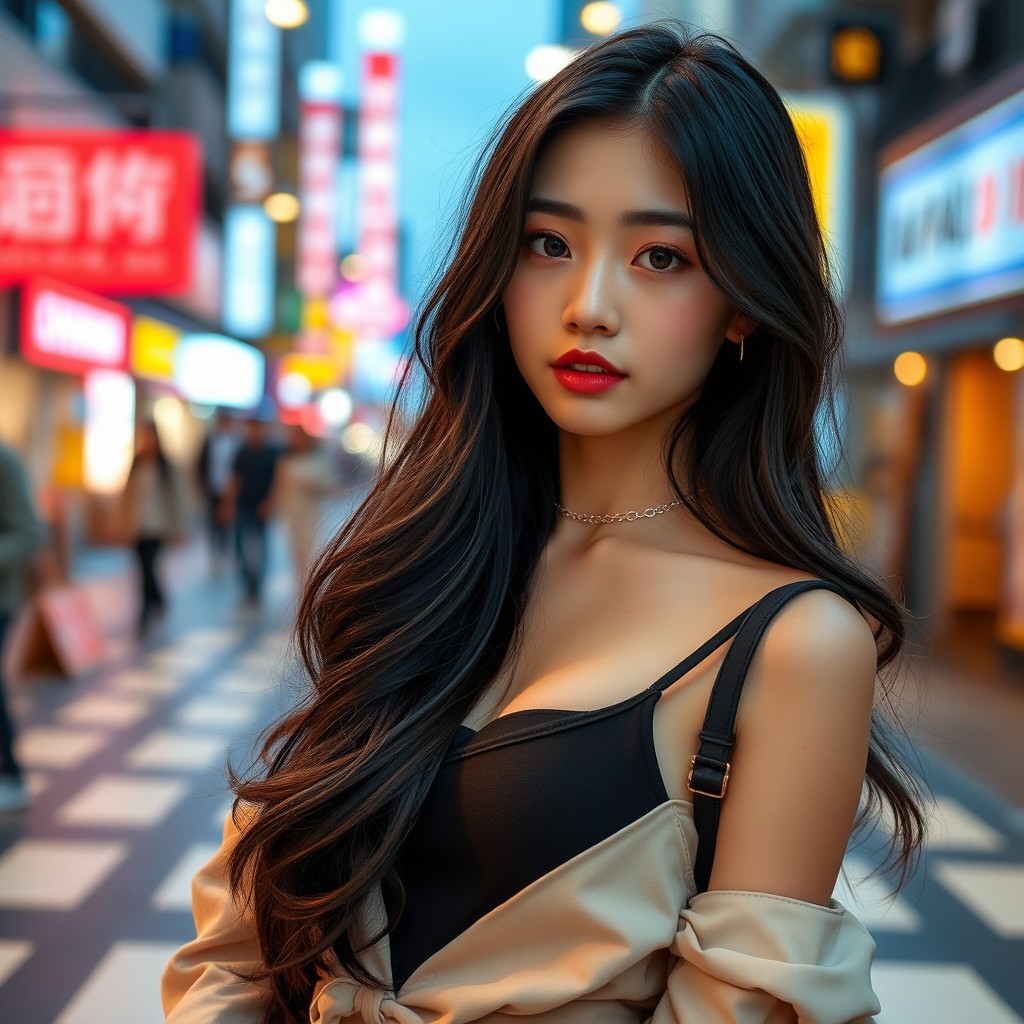 A young Japanese woman in her early 20s, looking remarkably like the AV actress Maiko Yuki, dressed in a stylish and modern outfit with a chic aesthetic