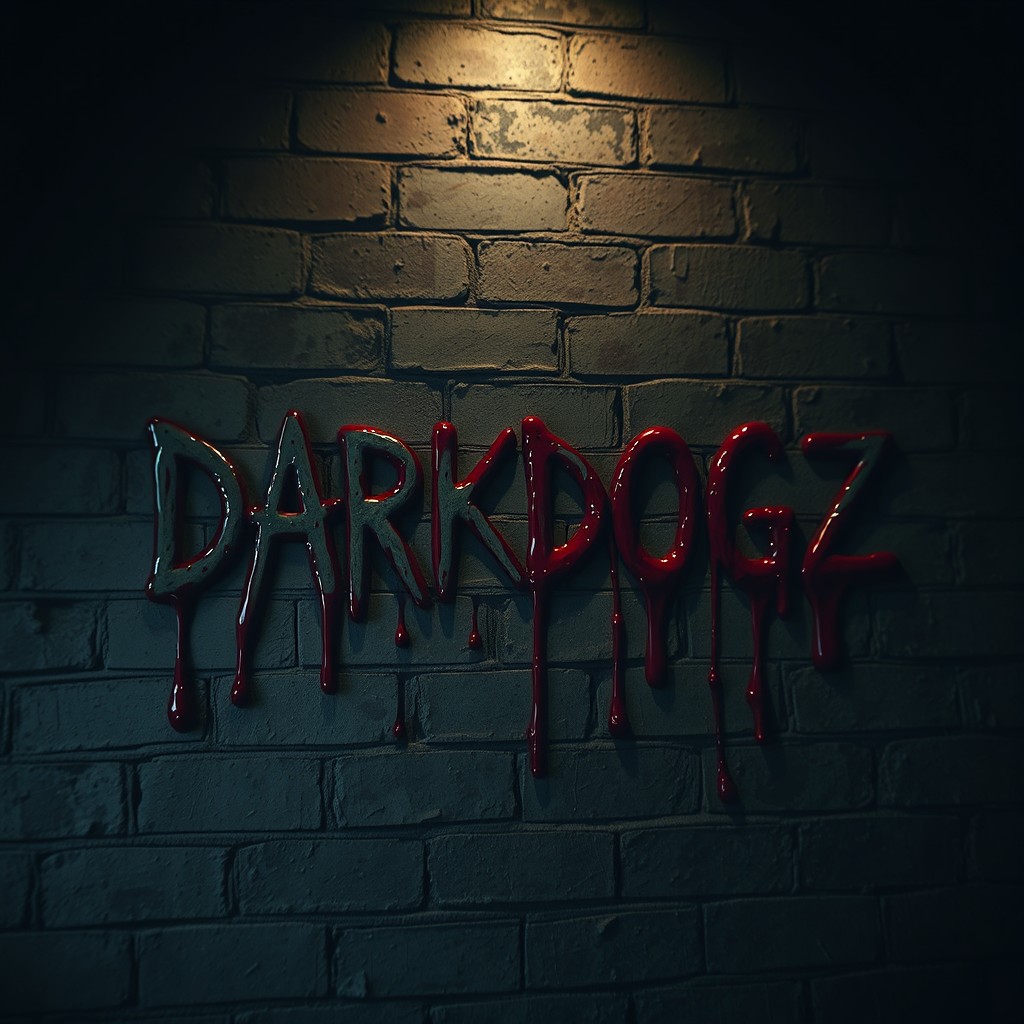 The words 'DARKDOGZ' written in thick, dripping blood on a grungy brick wall, surrounded by shadows and a dark atmosphere
