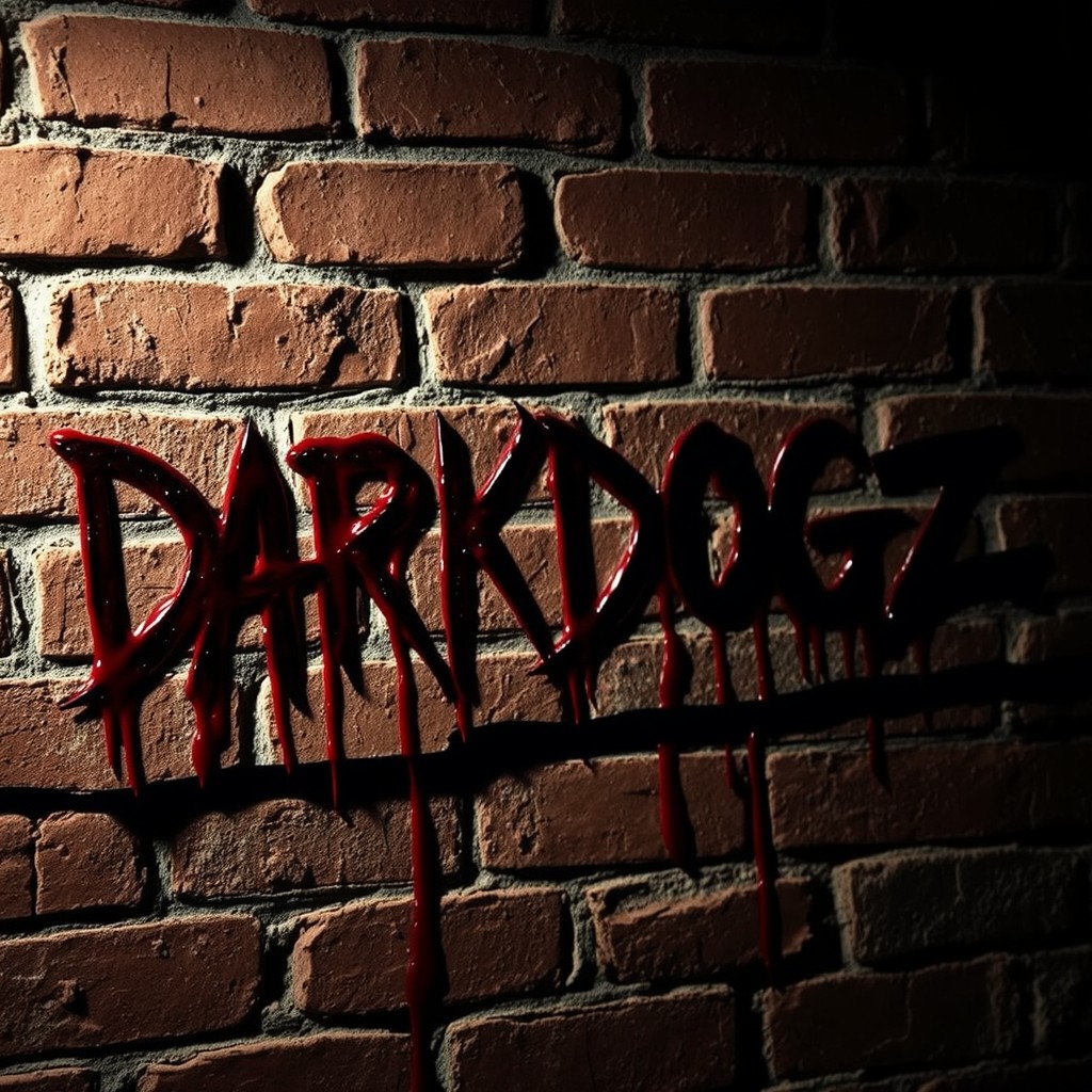 The words 'DARKDOGZ' aggressively scrawled in thick, dripping blood on a rugged brick wall, exuding a raw and intense atmosphere
