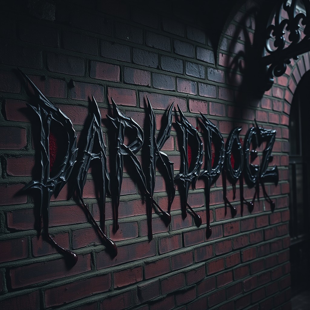 The phrase 'DARKDOGZ' intricately written in thick, dripping blood on a weathered brick wall, capturing an aggressive dark gothic aesthetic