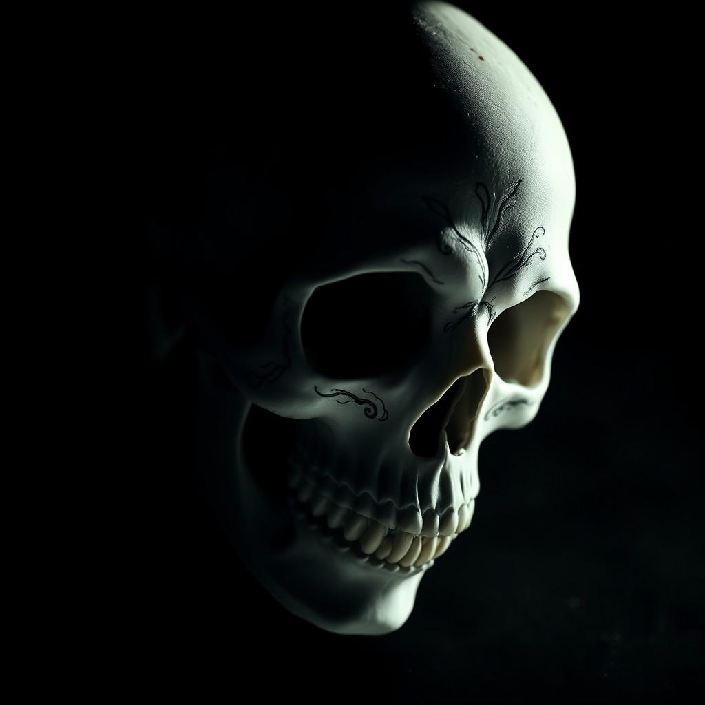 A haunting white skull partially obscured against a deep black background, creating an air of mystery