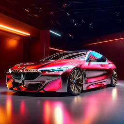 A state-of-the-art luxury BMW concept car, captured in striking 8K resolution, sparkling under shimmering lights.