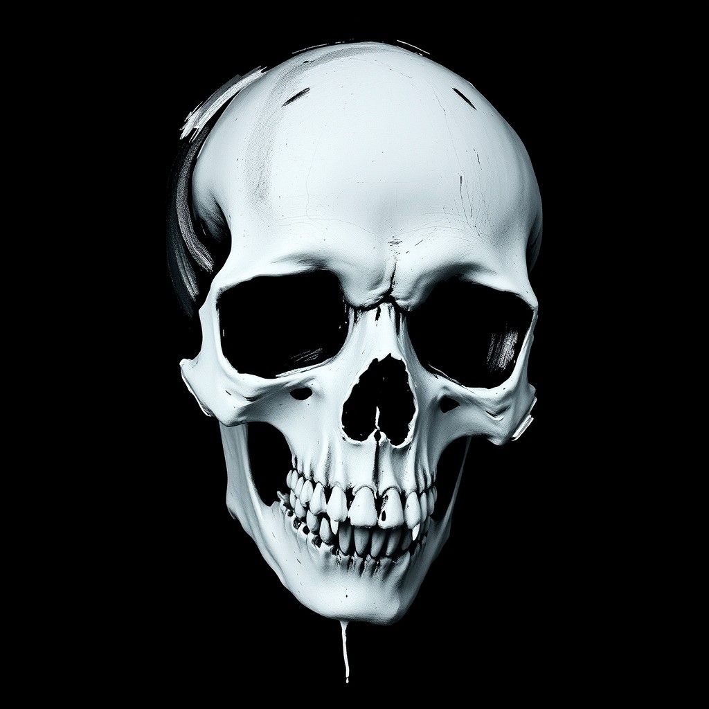 A partially visible painted white skull set against a stark black background, evoking a feeling of depression