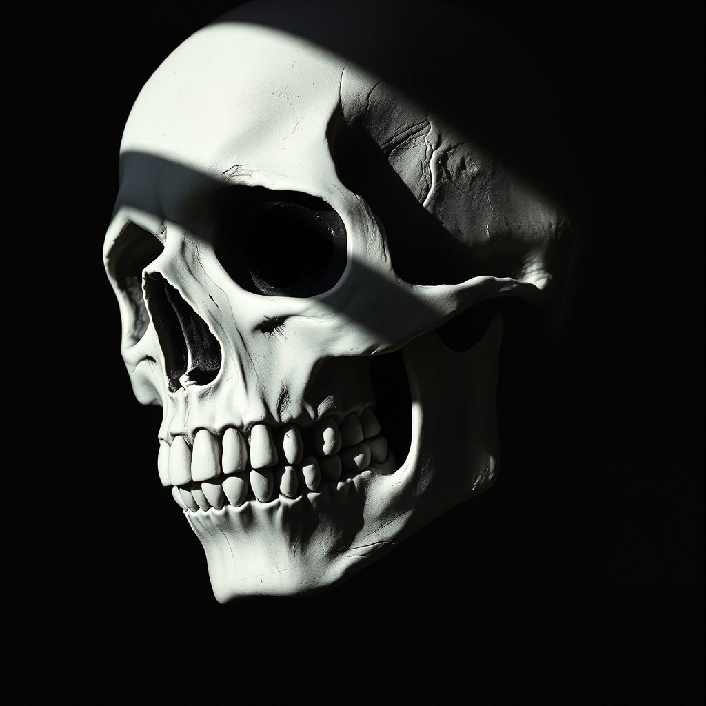 A painted white skull with its eyes facing upwards, partially hidden against a deep black background, evoking feelings of despair