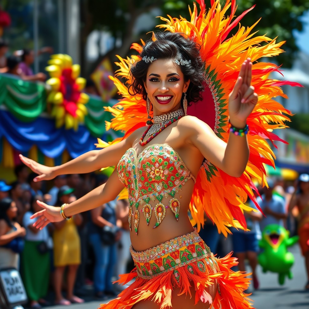 A beautiful samba dancer performing at the Rio de Janeiro carnival, showcasing her vibrant costume adorned with feathers and sequins, her movements embodying joy and energy