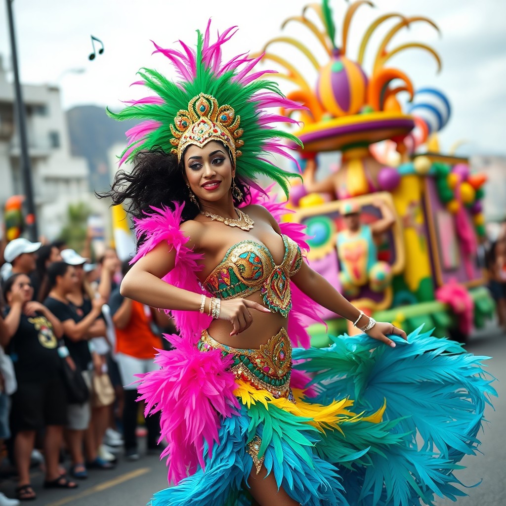 A beautiful samba dancer performing at the Rio de Janeiro carnival, showcasing vibrant costumes adorned with feathers and sequins, embodying the spirit of celebration