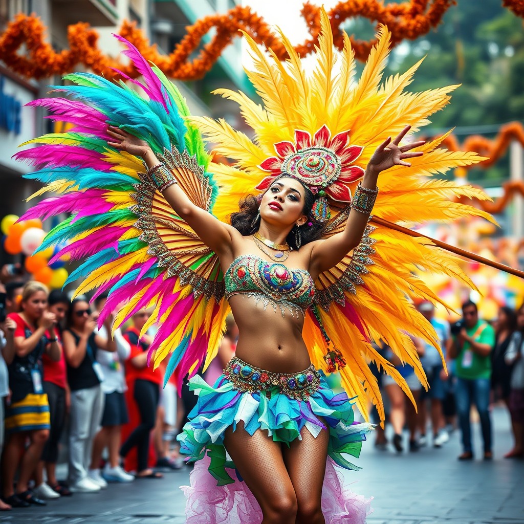 A beautiful dancer performing a vibrant Samba during the Rio Carnival, showcasing colorful costumes with feathers and glitter
