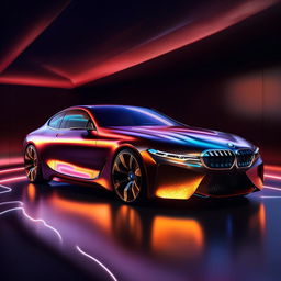 A state-of-the-art luxury BMW concept car, captured in striking 8K resolution, sparkling under shimmering lights.