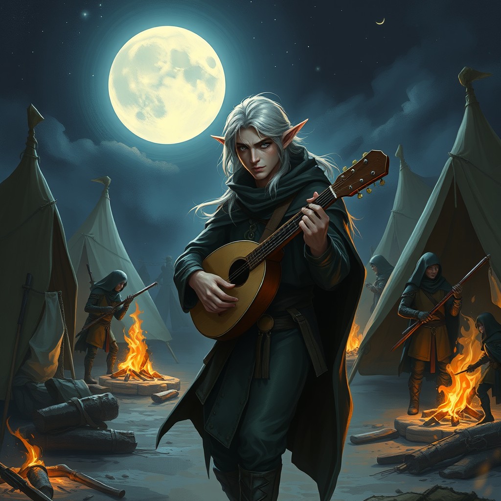 A male elf bard stealthily walking through an enemy camp at night, surrounded by tents and flickering campfires