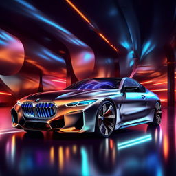 A state-of-the-art luxury BMW concept car, captured in striking 8K resolution, sparkling under shimmering lights.