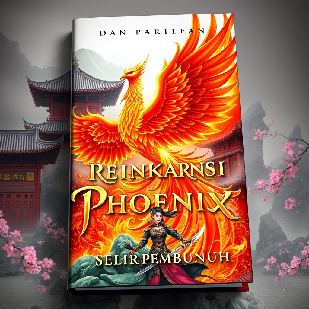 A stunning book cover for 'Reinkarnsi Phoenix: Selir Pembunuh', featuring a majestic phoenix rising from flames, symbolizing rebirth and power