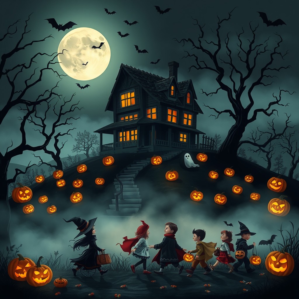 A spooky Halloween scene featuring a haunted house on a hill, illuminated by a full moon