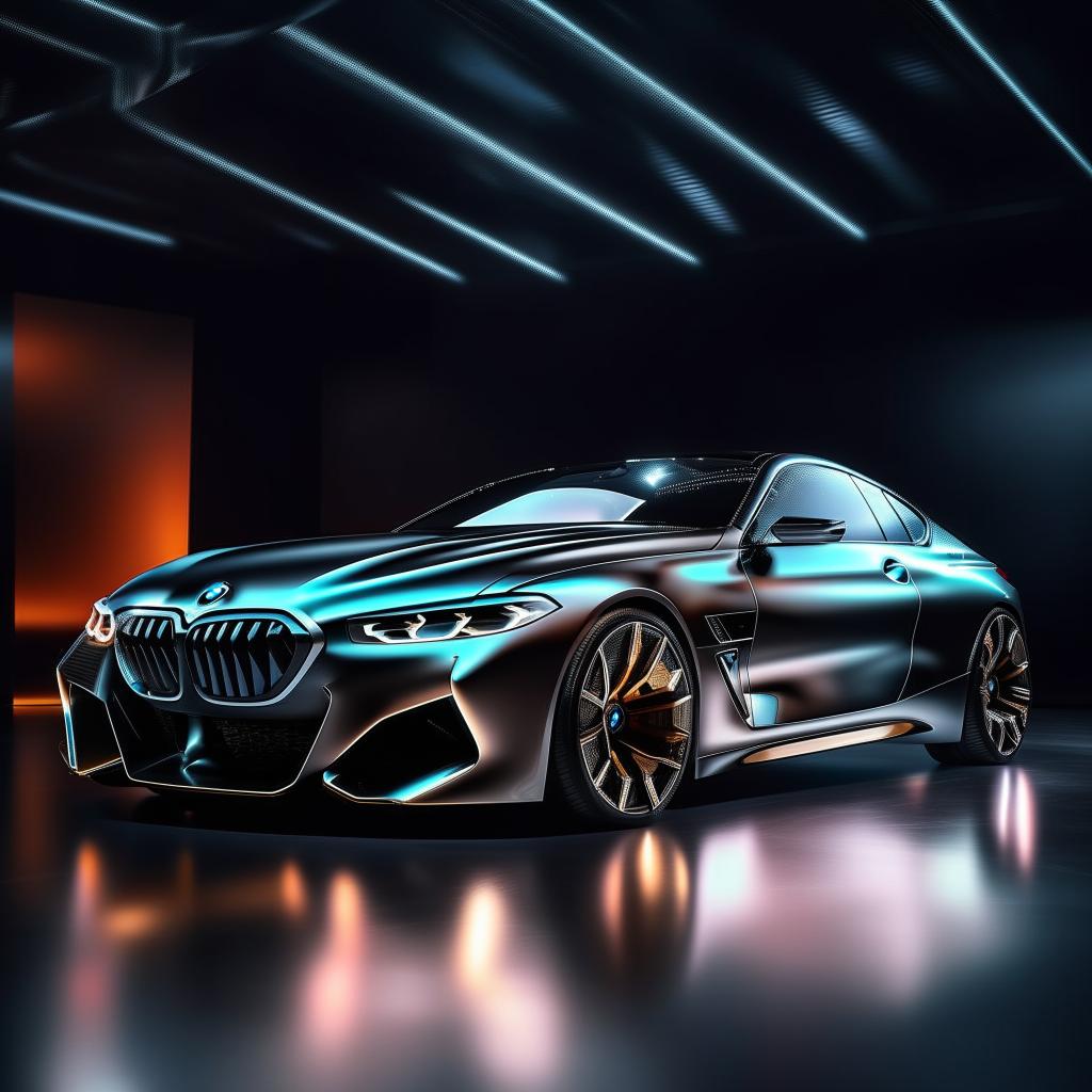 A state-of-the-art luxury BMW concept car, captured in striking 8K resolution, sparkling under shimmering lights.