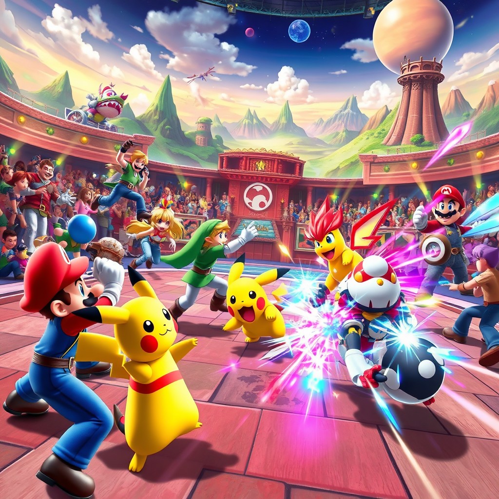 A vibrant, action-packed scene from a fictional video game featuring iconic characters engaging in an epic battle
