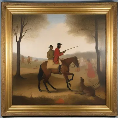 The painting displayed at the gallery depicted a scene of hunters engaged in the act of hunting.