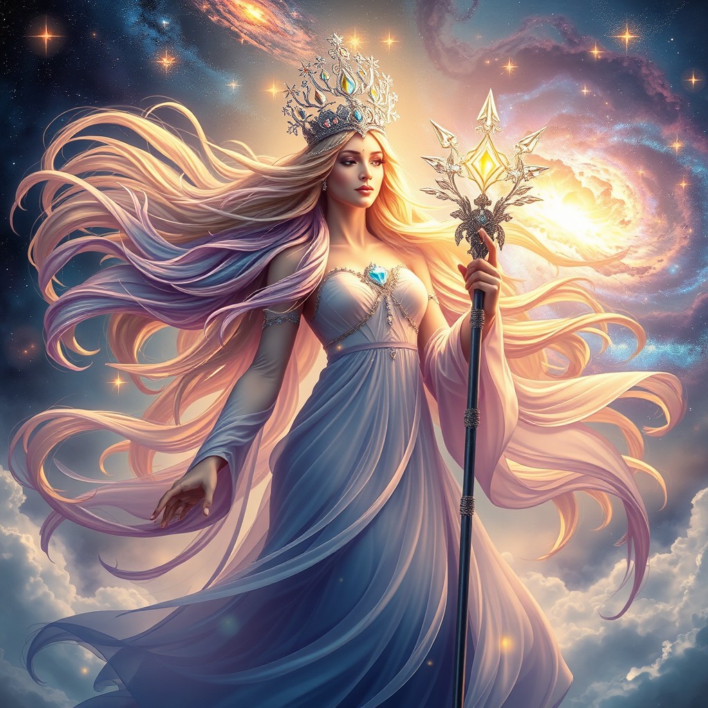 A mesmerizing scene featuring a divine goddess surrounded by ethereal light and beautiful celestial elements