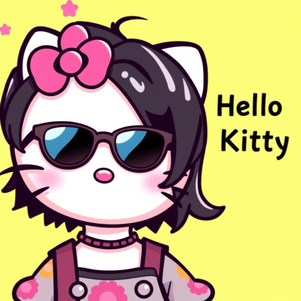 A personalized version of Hello Kitty with short, wavy black hair styled with a side fringe, wearing fashionable sunglasses