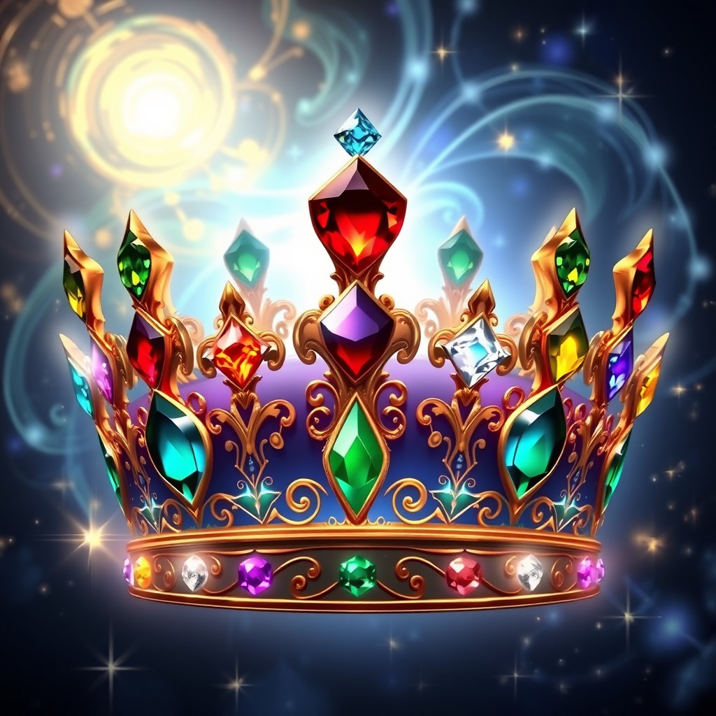 A breathtakingly detailed magic crown of untold power, adorned with eight distinct, vividly colored gems at each point