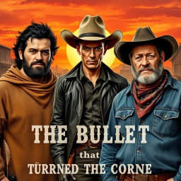 A striking Western scene titled 'The Bullet that Turned the Corner', showcasing three notorious gunmen