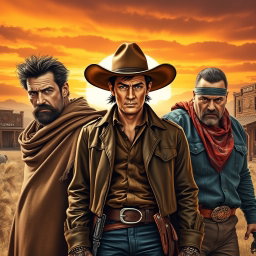 A striking Western scene titled 'The Bullet that Turned the Corner', showcasing three notorious gunmen